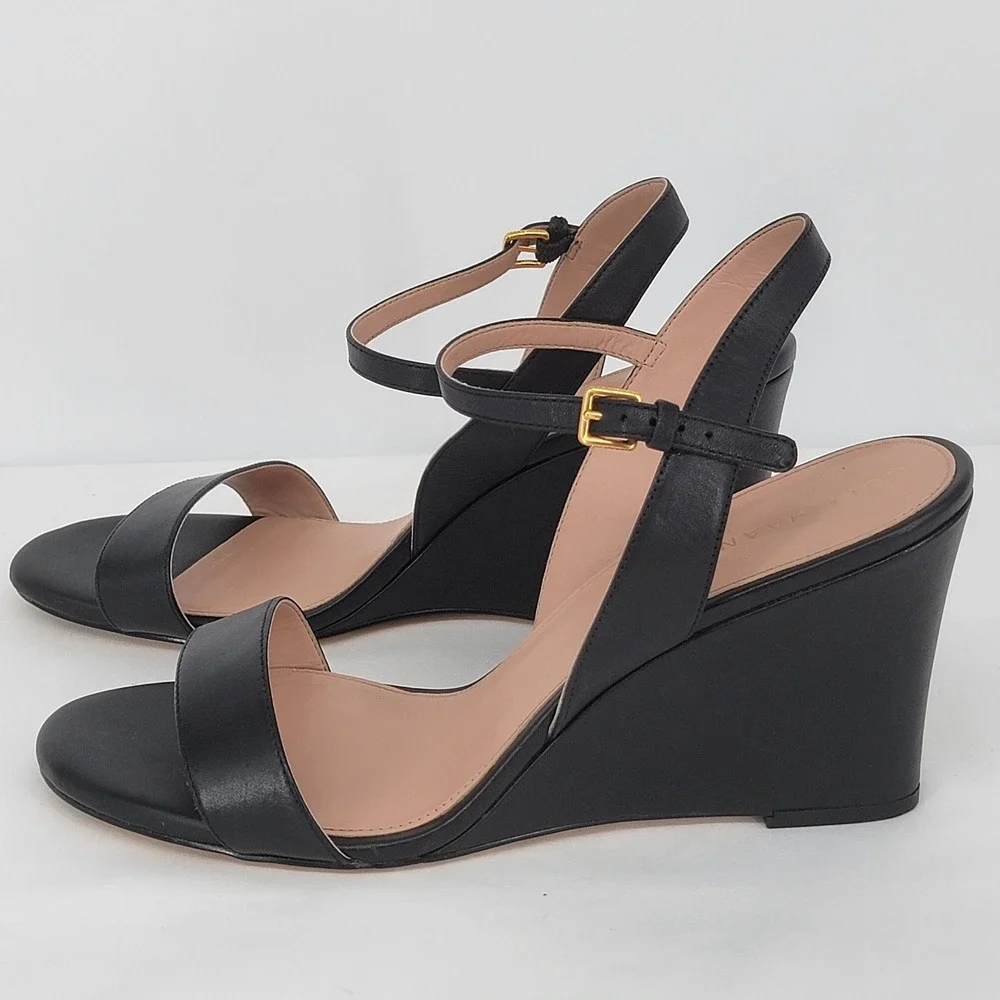 Cole Haan Grand 360 Black Leather Wedge Sandals Womens 10.5 B Ankle Strap Gold